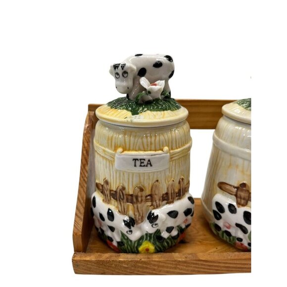 Set of 3 Vintage Ceramic Cow Jars with Wooden Holder Coffee Tea Sugar Bar - Picture 3 of 14